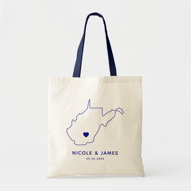 West Virginia Wedding Welcome Bag Map Tote, Navy (Front)
