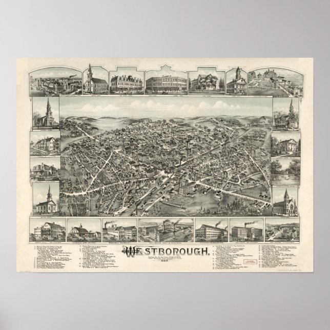 Westborough Mass. 1888 Antique Panoramic Map Poster (Front)