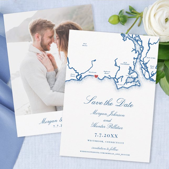 Westbrook CT Map Elegant Navy Blue Wedding Save The Date (Westbrook CT Map Wedding Save the Date for a Waters Edge Resort destination wedding in navy blue)