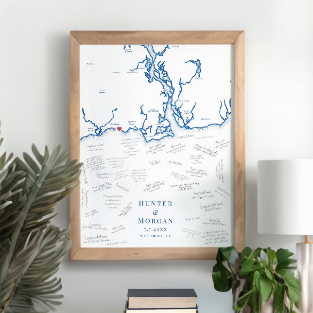 Westbrook Wedding Elegant Navy Guest Book Poster (Westbrook CT Map Wedding Alternative Guest Book Poster in Elegant Navy Blue from Coastal Map Designs)