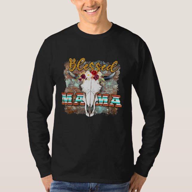 Westen Boho Cow Bull Skull Blessed Mama Cowgirl Ro T-Shirt (Front)