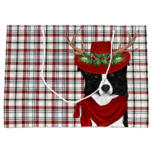 Wester Plaid and Border Collie Dog Lover Holiday Large Gift Bag
