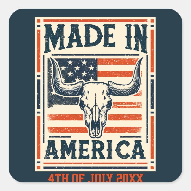 Western American Country Cow Skull 4th of July Square Sticker (Front)