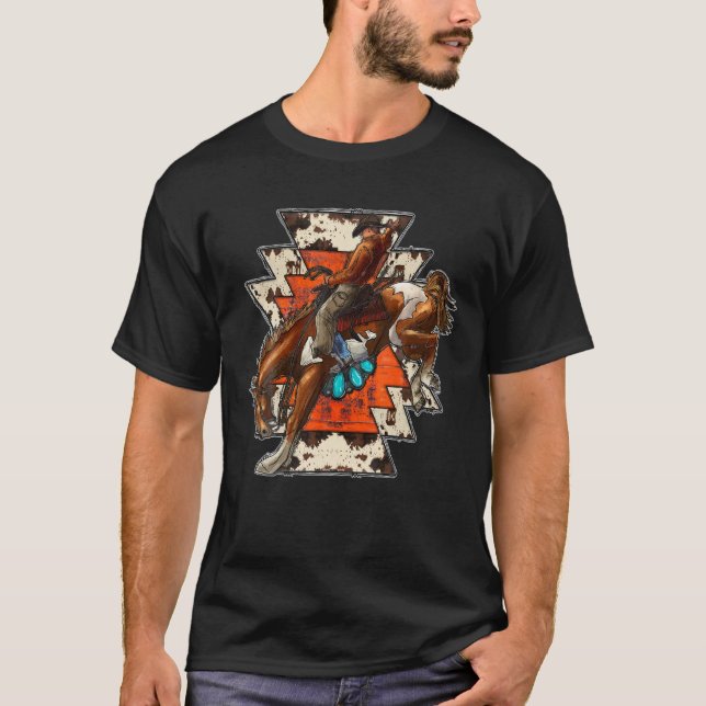 Western Aztec Cowhide Rodeo Cowgirl Cowboy Cow Bar T-Shirt (Front)