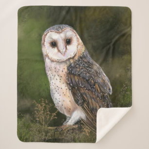 Western Barn Owl - Migned Watercolor Painting  Sherpa Blanket