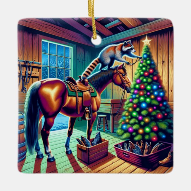 Western Barn Racoon Decorating Christmas Tree Ceramic Ornament (Front)