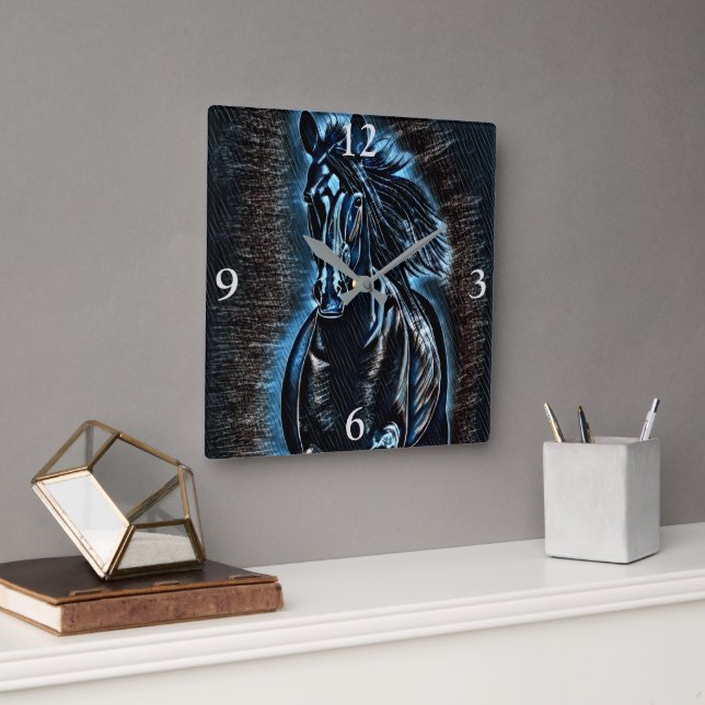 Western Beauty Wild Mustang Blue Tones Square Wall Clock (Office)