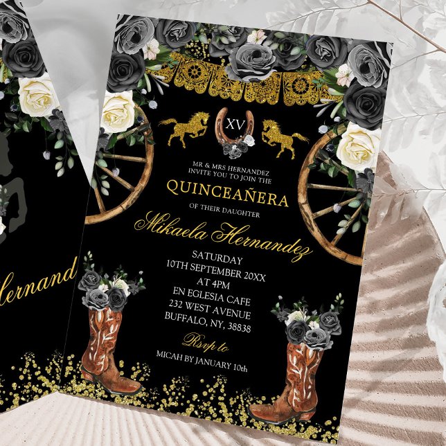 Western Black and Gold Charra Boots 15 Años Invitation (Creator Uploaded)