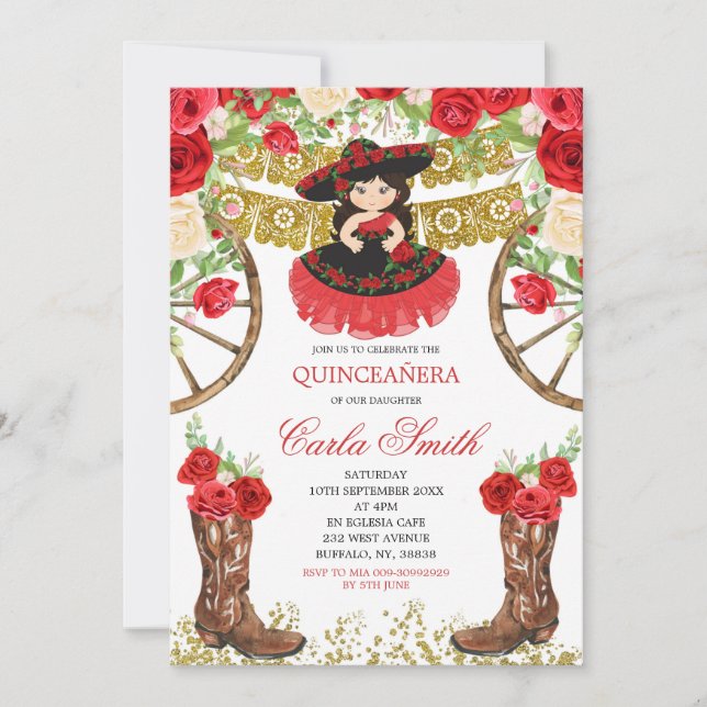 Western Black Dress and Red Rose 15 Anos Invitation (Front)
