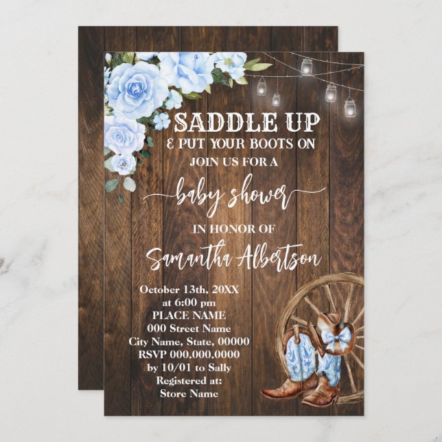 Western Blue Baby Shower Country Boots Invitation (Front/Back)