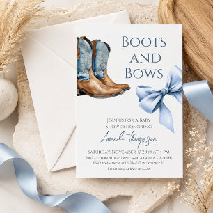 Western Blue Boots and Bows Boy Baby Shower Invitation