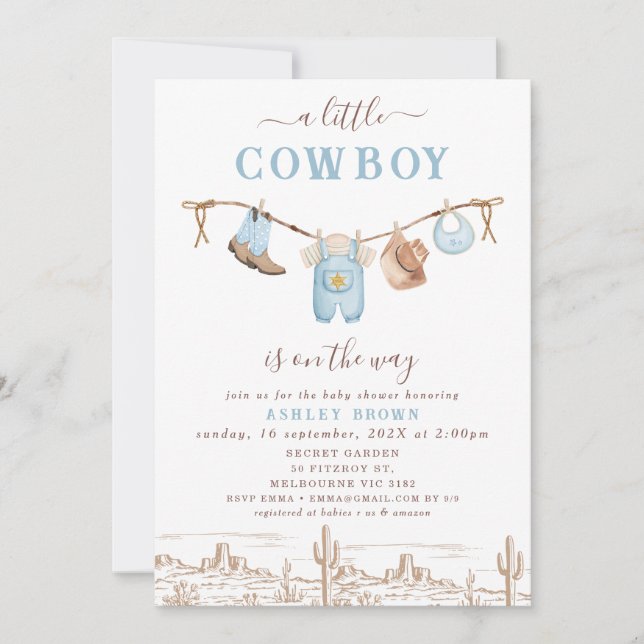 Western Blue Brown Clothesline Cowboy Baby Shower Invitation (Front)