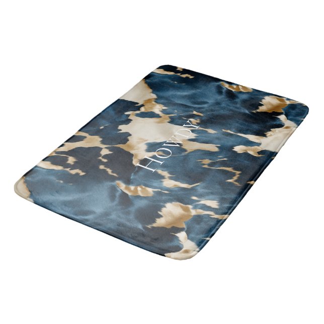 Western Blue Brown Gold Cowhide Bath Mat (Angled)