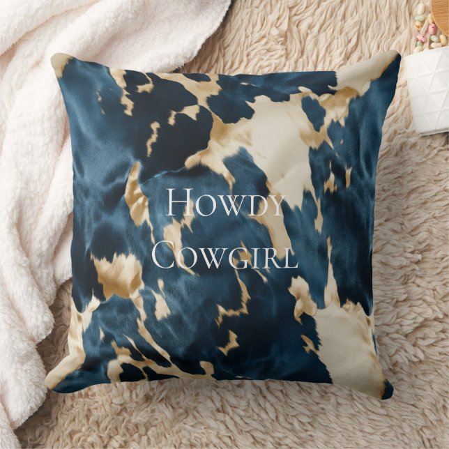 Western Blue Cream Gold Cowboy Cowgirl Cowhide Cushion (Blanket)