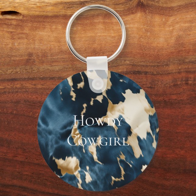 Western Blue Cream Gold Cowboy Cowgirl Cowhide Key Ring (Front)