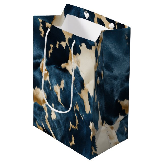 Western Blue Cream Gold Cowboy Cowgirl Cowhide Medium Gift Bag (Front Angled)