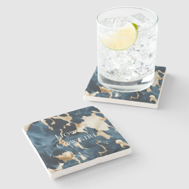 Western Blue Cream Gold Cowboy Cowgirl Cowhide Stone Coaster (Side)