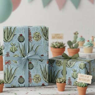 Western Blue Desert Cacti and Succulents Wrapping Paper