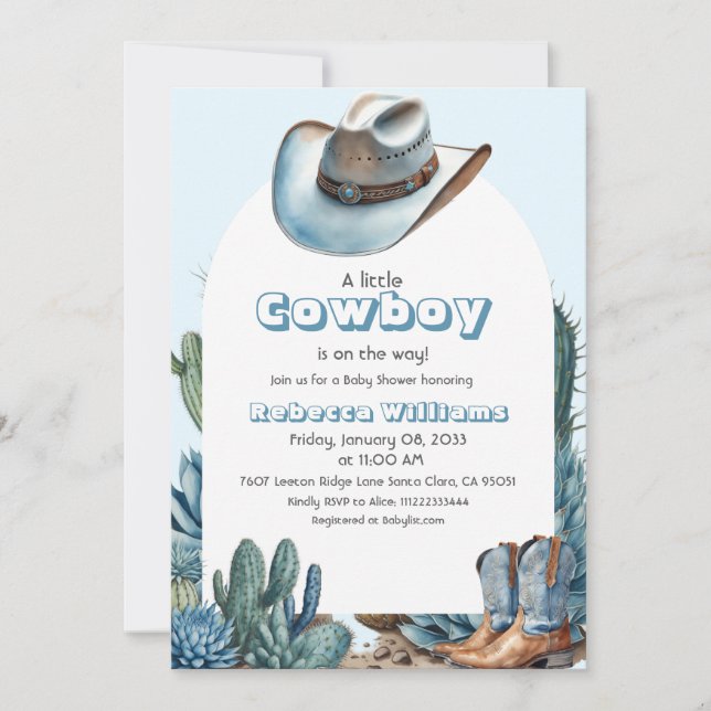 Western Blue Little Cowboy Rodeo Boy Baby Shower Invitation (Front)