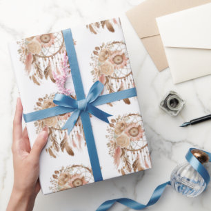 Western Blue Pink Floral Dream Catcher  Birthday Wrapping Paper