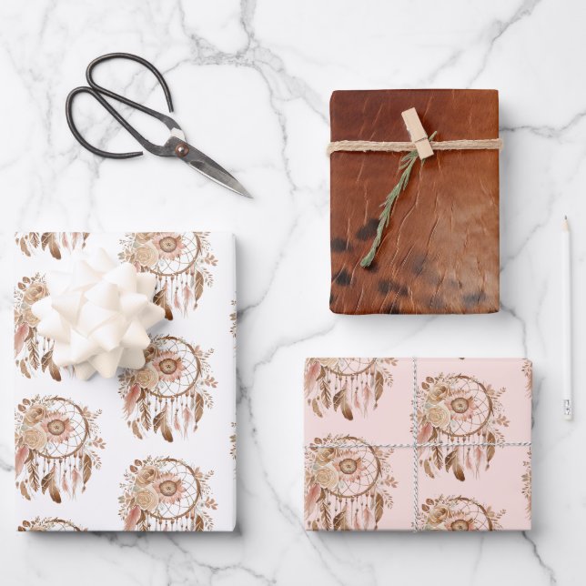 Western Blue Pink Floral Dream Catcher  Birthday Wrapping Paper Sheet (Front)