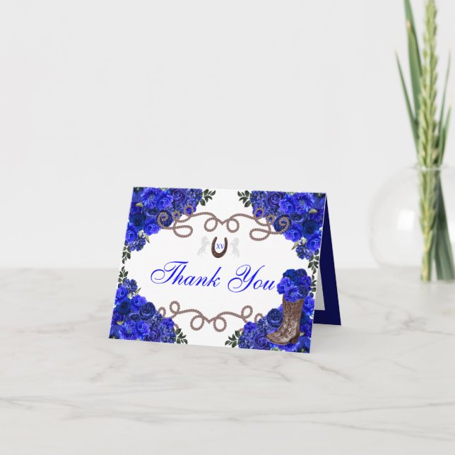 Western Blue Roses Charra Quinceanera Thank You Invitation (Front)