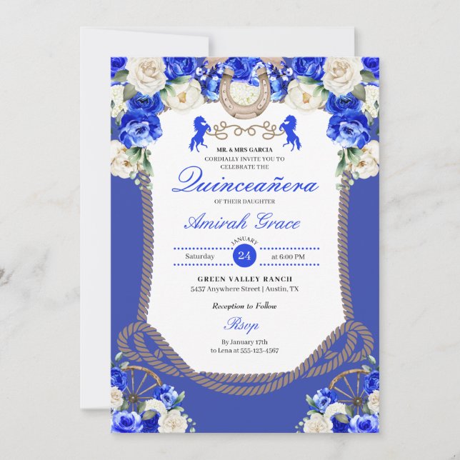 Western Blue Roses Charro Cowgirl Quinceañera Invitation (Front)