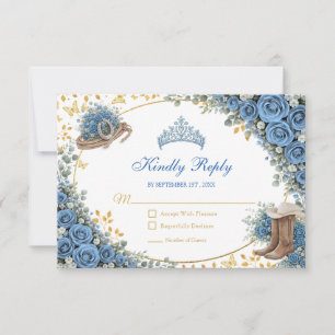 Western Blue Roses Golden Country Quinceañera RSVP Card