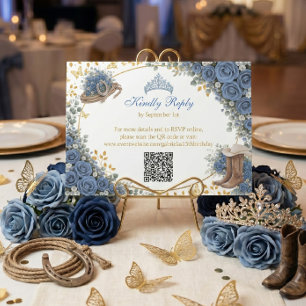 Western Blue Roses Golden Country Quinceañera RSVP Card