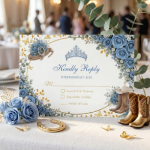 Western Blue Roses Golden Country Quinceañera RSVP Card