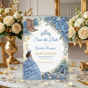 Western Blue Roses Golden Country Quinceañera Save The Date