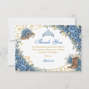 Western Blue Roses Golden Country Quinceañera Thank You Card
