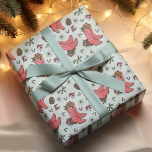 Western Blue Xmas Cowboy Boots, Pinecones Berries Wrapping Paper