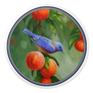 Western Bluebird and Ripe Peaches Ceramic Knob