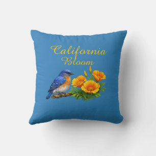 Western Bluebird with California Poppies  Cushion