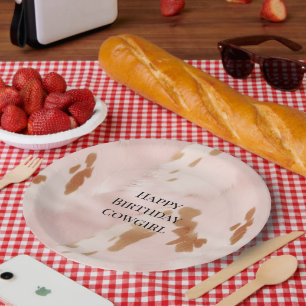 Western Blush Pink Cream Faux Cowhide Birthday Paper Plate