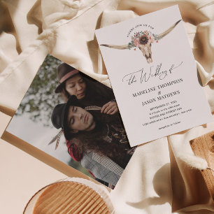 Western Bohemian Floral Cow Skull Photo Wedding Invitation