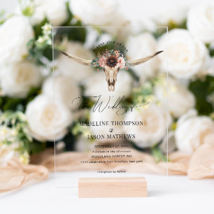 Western Bohemian Floral Cow Skull Wedding Acrylic Invitations