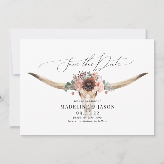 Western Bohemian Floral Cow Skull Wedding Save The Date (Front)