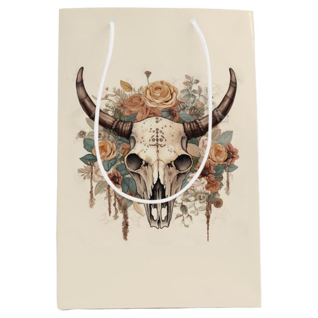 Western Boho Bull Skull Floral Decoupage Medium Gift Bag (Front)