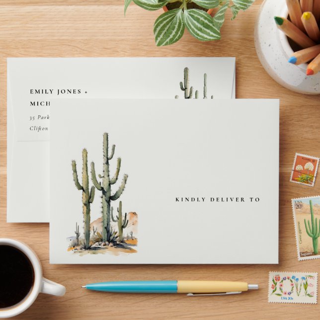 Western Boho Cactus Desert Landscape Wedding Envelope (Desk)
