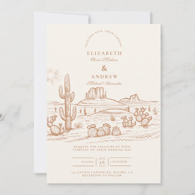 Western Boho Cactus Desert Landscape Wedding Invitation (Front)