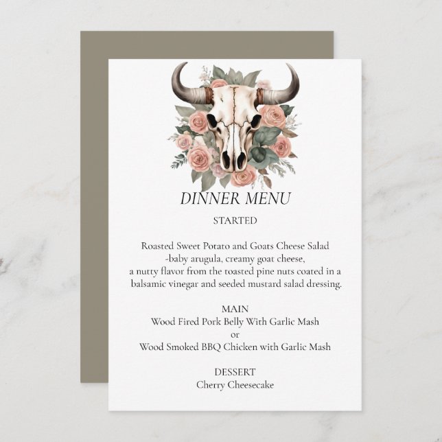 Western Boho Cow Floral Skull Sage Wedding Menu (Front/Back)