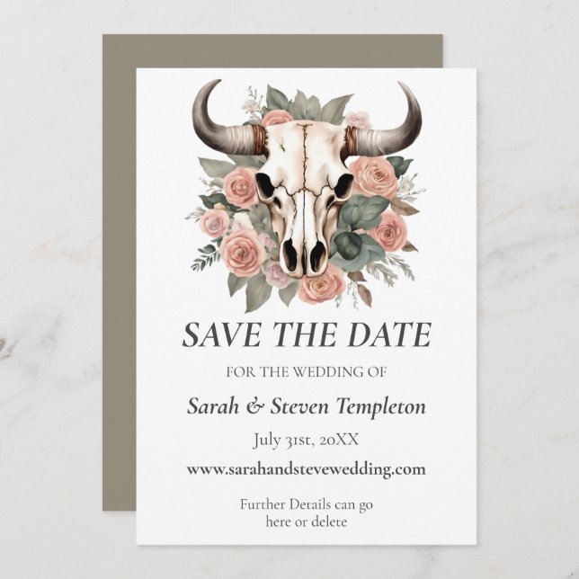 Western Boho Cow Floral Skull Sage Wedding  Save The Date (Front/Back)