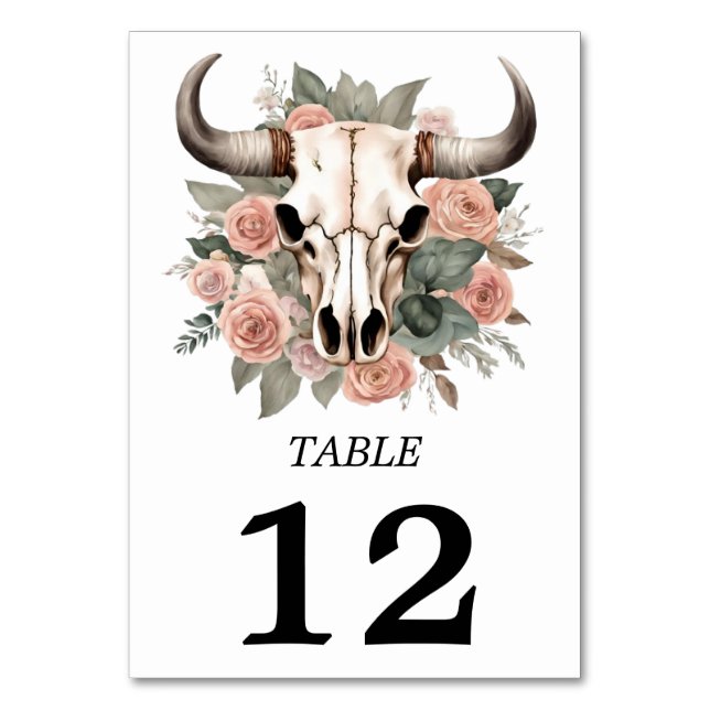 Western Boho Cow Floral Skull Sage Wedding  Table Number (Front)