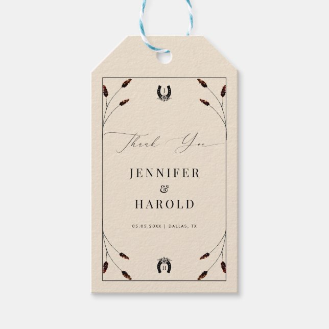 Western Boho Horseshoe Monogram Ranch Farm Wedding Gift Tags (Front)