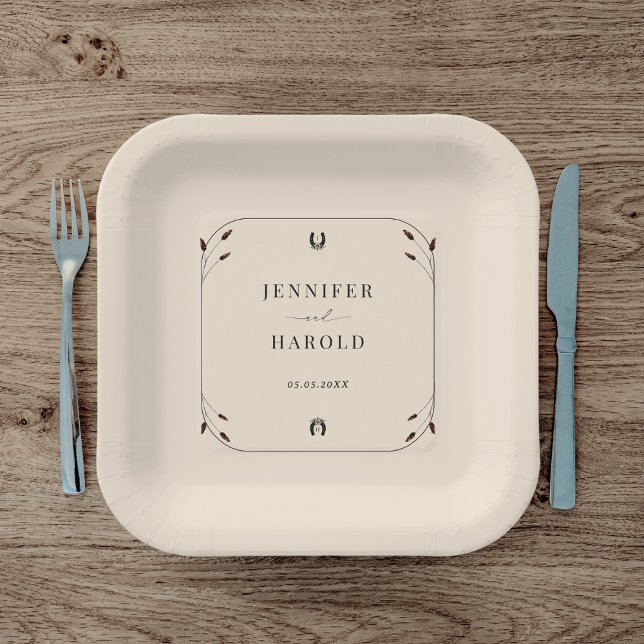 Western Boho Horseshoe Monogram Rustic Wedding Paper Plate (Creator Uploaded)