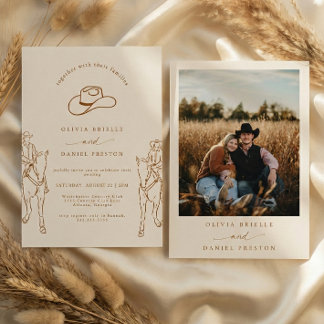 Western Boho Pampas Grass Cowboy Photo Wedding Invitation