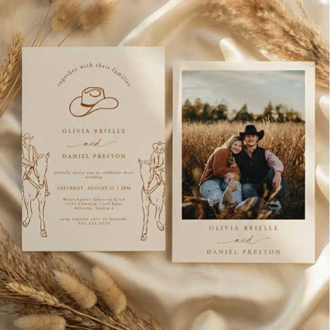Western Boho Pampas Grass Cowboy Photo Wedding Invitation (Creator Uploaded)