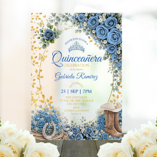 Western Boots Blue Roses Golden Quinceañera Acrylic Invitations